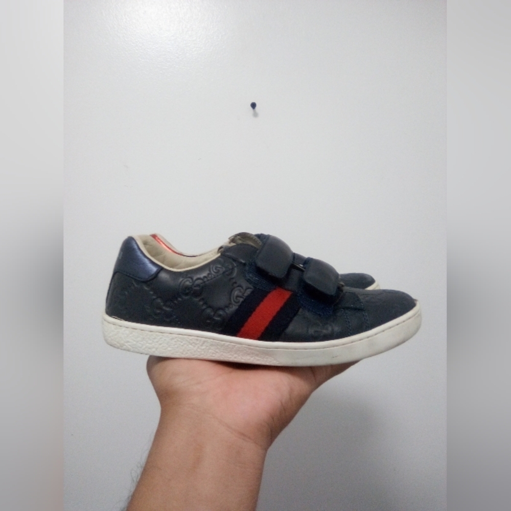 Gucci Ace Kids Blue Leather GG Print Logo Sneakers Sz 32